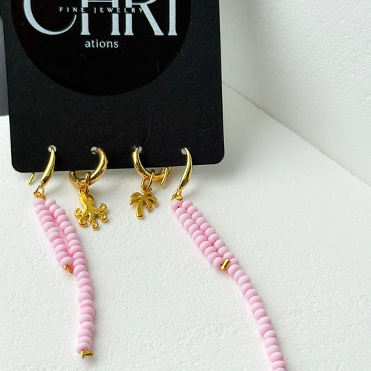 Γυναικείο ατσάλινο ear stack set ΚΑΛΟΚΑΙΡΙ με ροζ χάντρες και χρυσά καλοκαιρινά charms