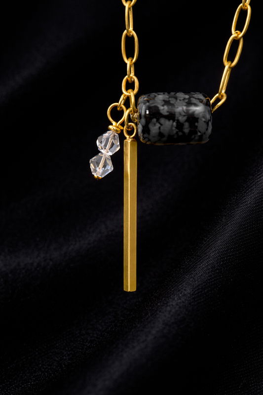 Χρυσό κολιέ από ατσάλι με κρεμαστή ράβδο, διάφανο κρύσταλλο και ημιπολύτιμη πέτρα 